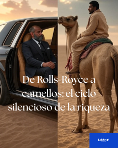 Contraste entre un Rolls-Royce en una ciudad moderna y un hombre montando un camello en el desierto, representando el ciclo generacional de la riqueza familiar.