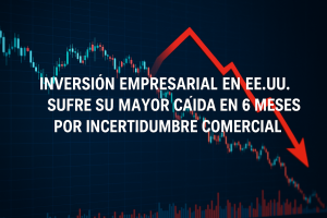 Caída de la inversión empresarial en EE.UU. en abril de 2025, reflejada en un gráfico financiero con flecha roja descendente, debido a la incertidumbre provocada por las guerras comerciales.