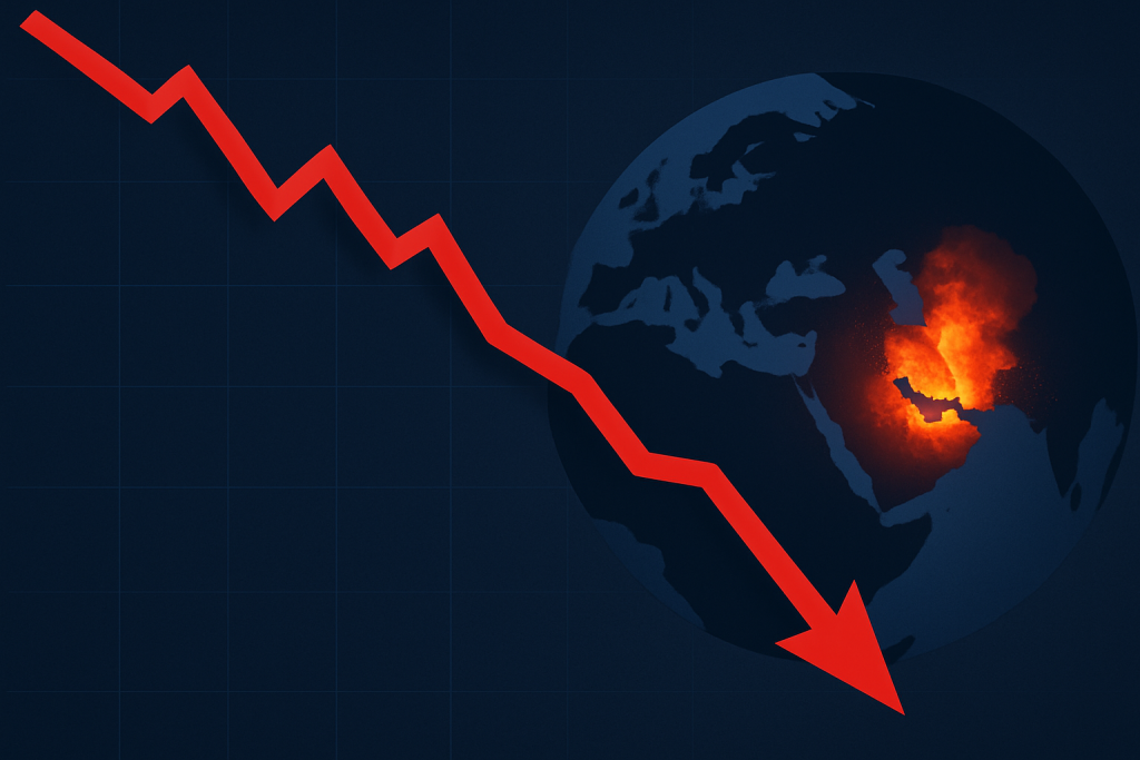 Ilustración sobre la "Fed y conflicto Irán-Israel", mostrando una línea roja descendente que representa la caída de los mercados financieros, junto a una explosión en Medio Oriente que simboliza el riesgo geopolítico creciente.