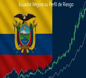 Bandera de Ecuador combinada con gráficos financieros en ascenso, representando la mejora del perfil económico del país en 2025.