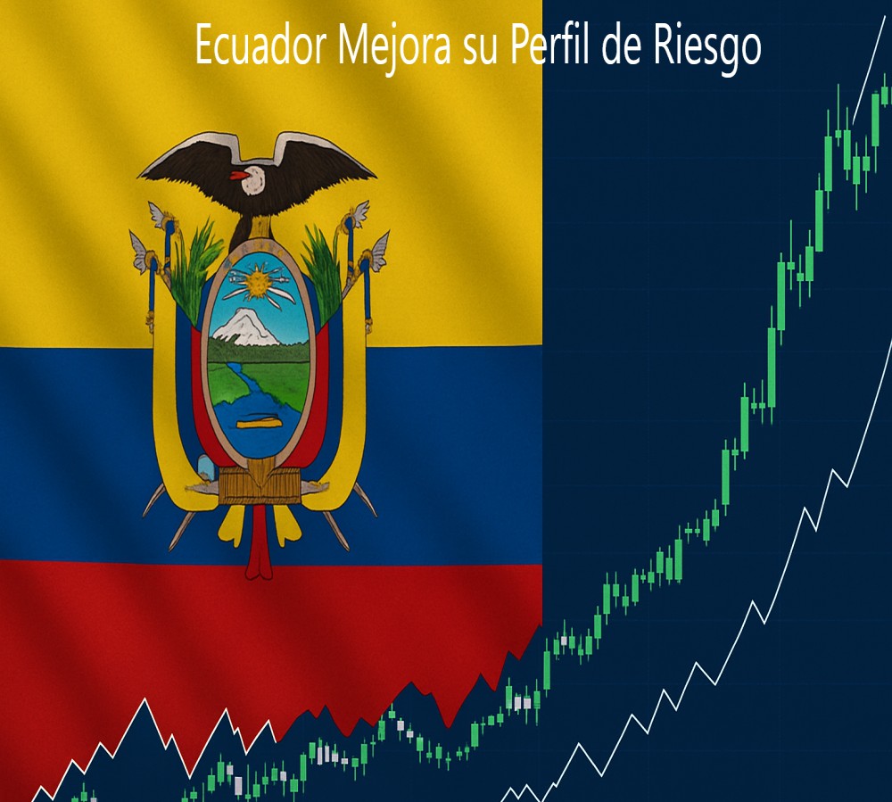 Bandera de Ecuador combinada con gráficos financieros en ascenso, representando la mejora del perfil económico del país en 2025.