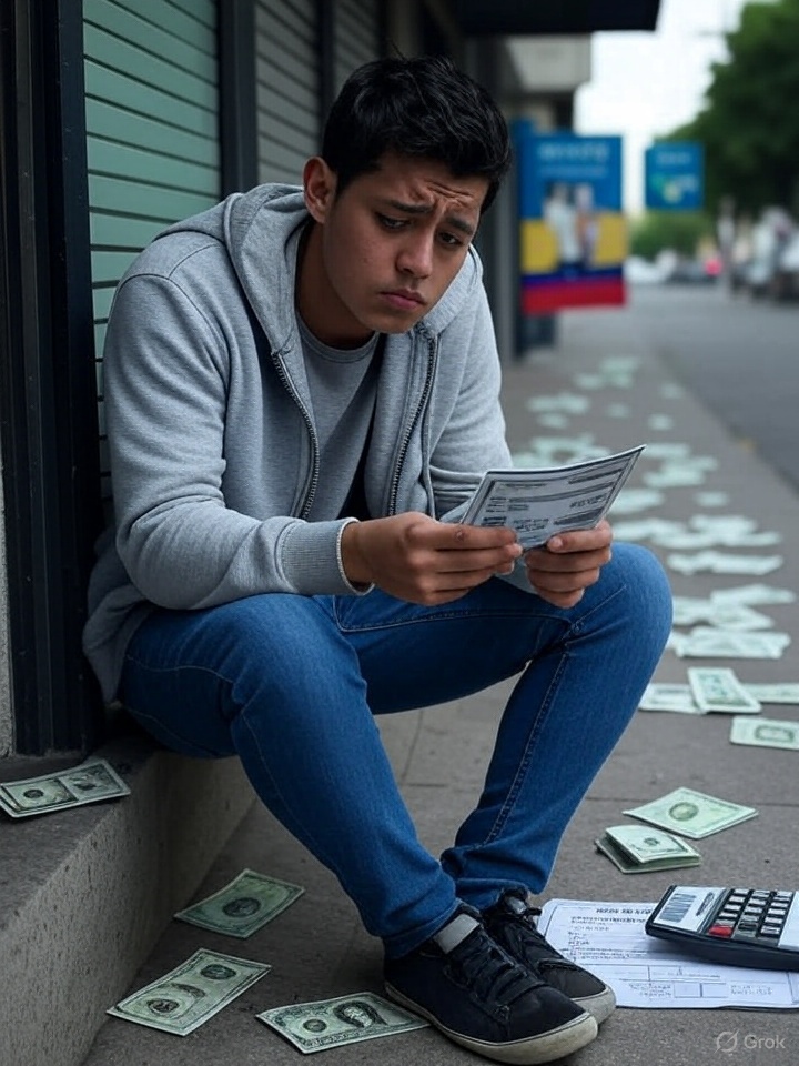 Joven ecuatoriano preocupado frente a un banco cerrado, con documentos de crédito rechazados, representando la reexclusión financiera entre 2019 y 2024.