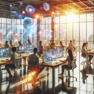 Emprendedores latinoamericanos trabajando con inteligencia artificial y transformaciรณn digital en un espacio de innovaciรณn tecnolรณgica.