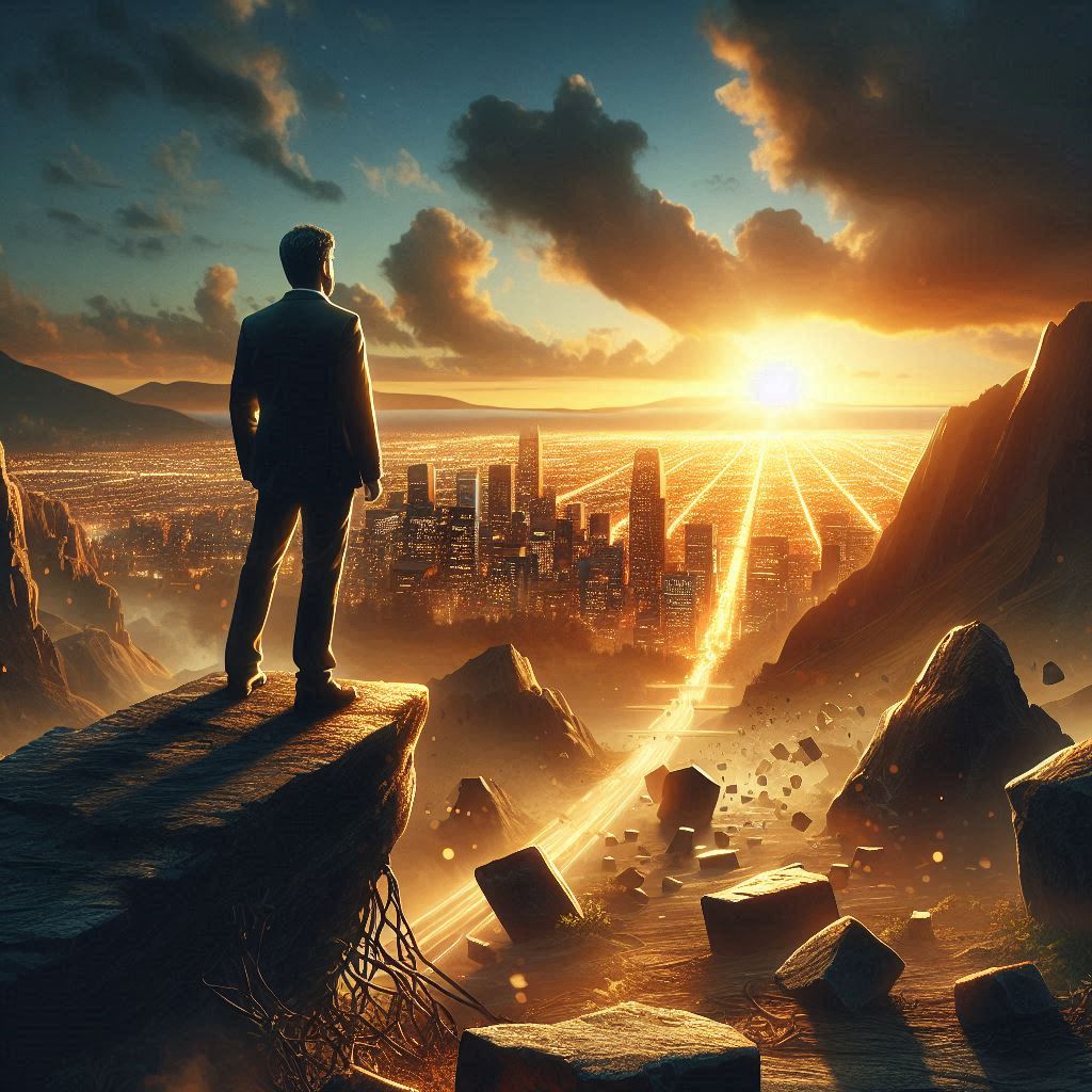 Entrepreneur standing at the edge of a cliff overlooking a sunrise-lit city, symbolizing overcoming the fear of failure in business.