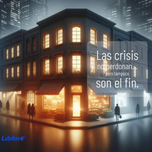 Pequeรฑo negocio iluminado que permanece abierto y resiliente en medio de un entorno urbano difรญcil, simbolizando cรณmo los negocios sobreviven y prosperan en conflictos sociales.