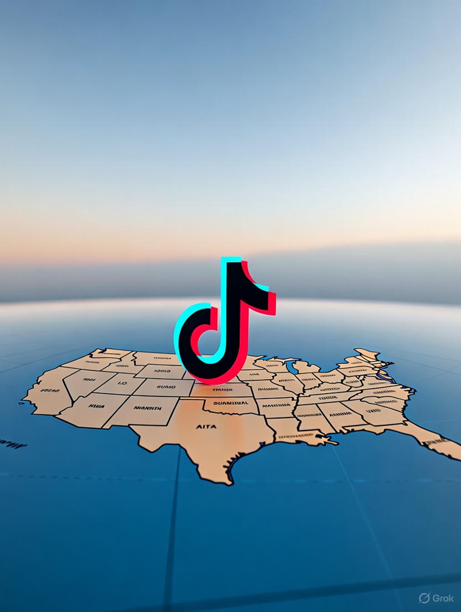 El texto alternativo (alt text) para la imagen generada sería: "Una imagen que muestra el logo de TikTok, compuesto por una nota musical estilizada en negro con detalles en colores verde, blanco y rojo, colocado sobre un mapa de los Estados Unidos. El mapa destaca los contornos de los estados en tonos beige y marrón, con un fondo azul que representa los océanos, y el logo de TikTok aparece centrado sobre la parte central del país.