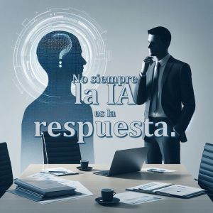 Emprendedor reflexionando frente a su laptop en una sala de reuniones, cuestionando el uso de la inteligencia artificial en su negocio, con un ambiente profesional y moderno.