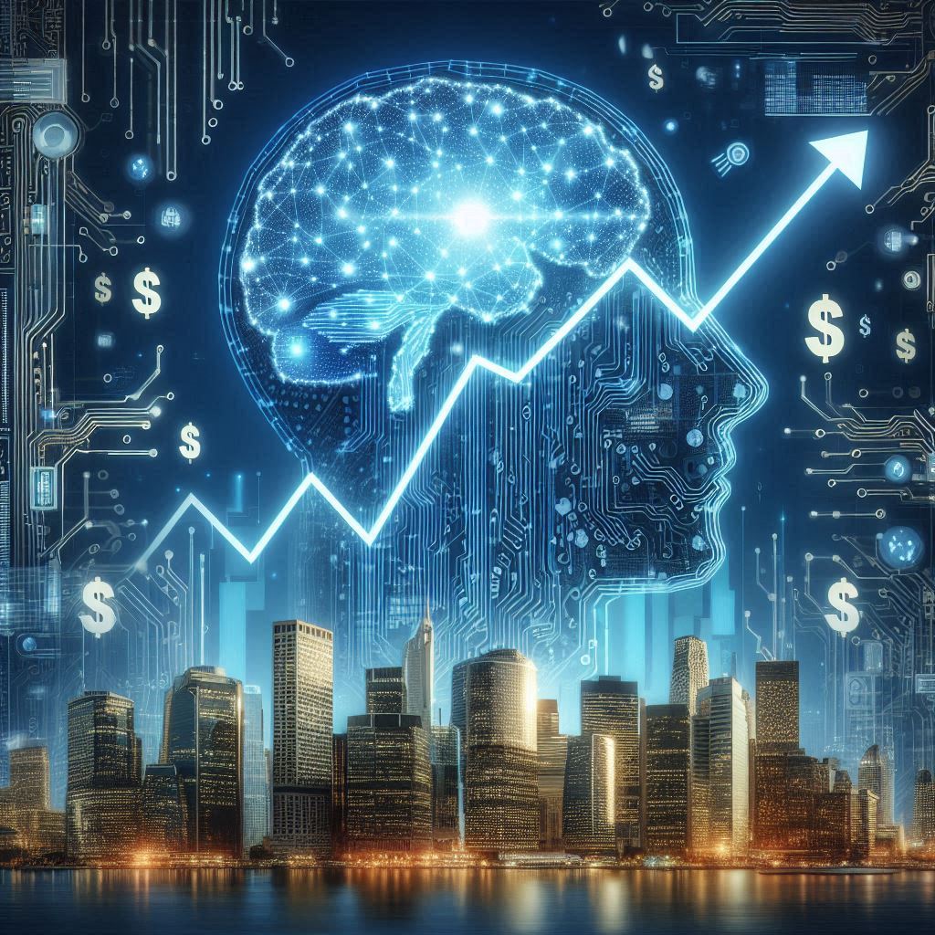 Ilustración de cómo la IA impulsa mercados, mostrando un toro digital formado por circuitos luminosos que asciende sobre un horizonte financiero con gráficos y datos holográficos, simbolizando el crecimiento económico, la innovación y la productividad impulsados por la inteligencia artificial.