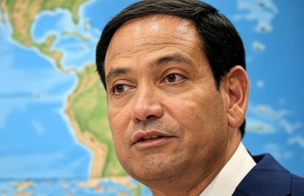 Ilustración editorial que muestra la nueva ofensiva de Estados Unidos contra el régimen de Nicolás Maduro, liderada por Marco Rubio, con símbolos de poder político, sanciones económicas y tensión militar en el Caribe.