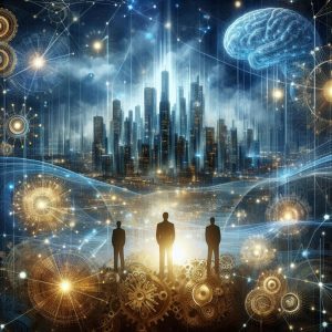 Ilustración conceptual del Nobel de Economía 2025, mostrando la innovación y la destrucción creativa como motores del crecimiento económico.