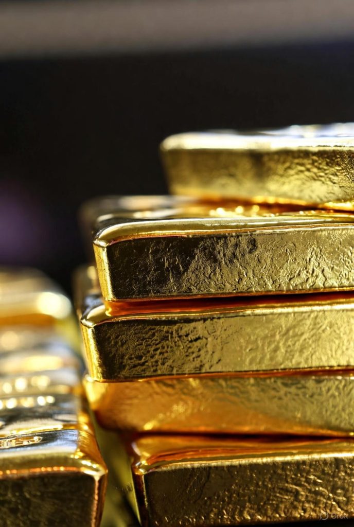 Lingotes de oro brillando bajo una luz cálida, simbolizando el récord histórico del precio del oro por encima de los USD 4.000 y la pérdida de confianza mundial en los bancos centrales.
