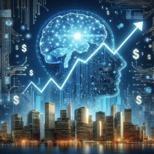 Ilustración de cómo la IA impulsa mercados, mostrando un toro digital formado por circuitos luminosos que asciende sobre un horizonte financiero con gráficos y datos holográficos, simbolizando el crecimiento económico, la innovación y la productividad impulsados por la inteligencia artificial.