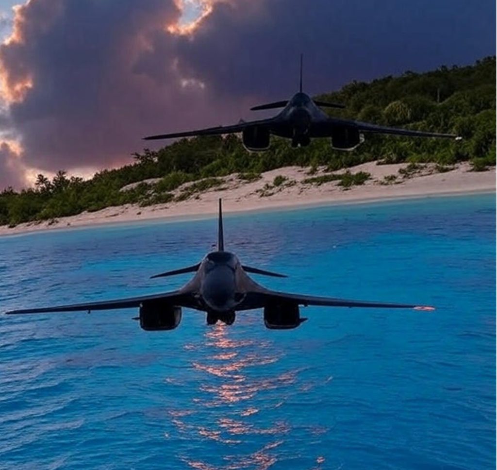 Bombarderos B-1 de la Fuerza Aérea de Estados Unidos sobrevolando el mar Caribe cerca de Venezuela, durante maniobras militares que aumentaron la tensión regional.