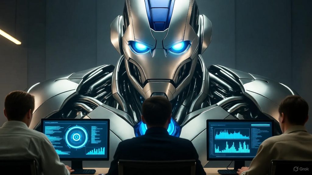 Una superinteligencia artificial observa en silencio a las personas mientras trabajan en sus computadoras, simbolizando el poder oculto y los riesgos del avance tecnológico.