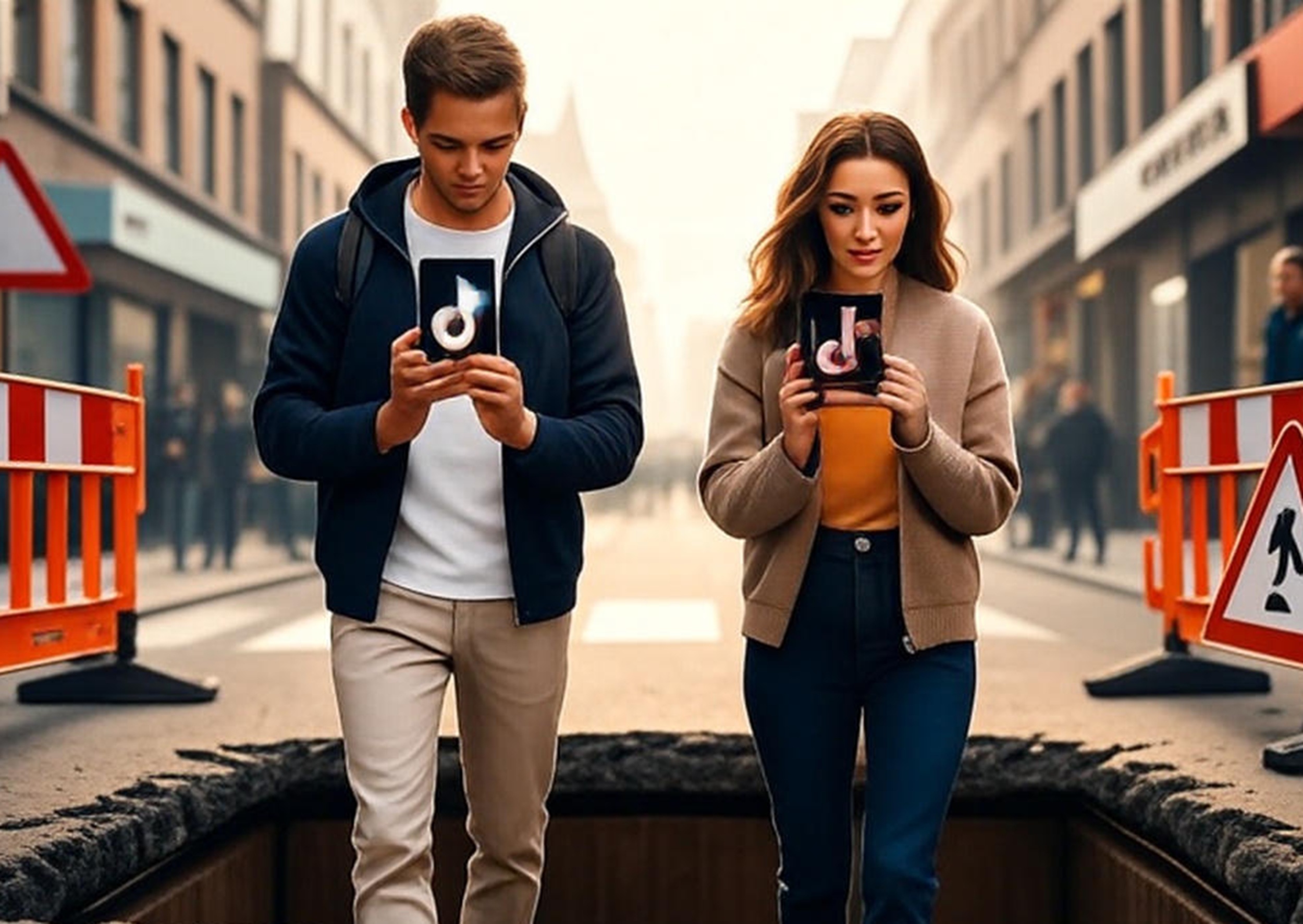 Personas caminando distraídas mirando TikTok en sus teléfonos, sin notar que están a punto de caer en un hoyo en la calle en reparación, símbolo de la adicción digital y la desconexión del entorno.