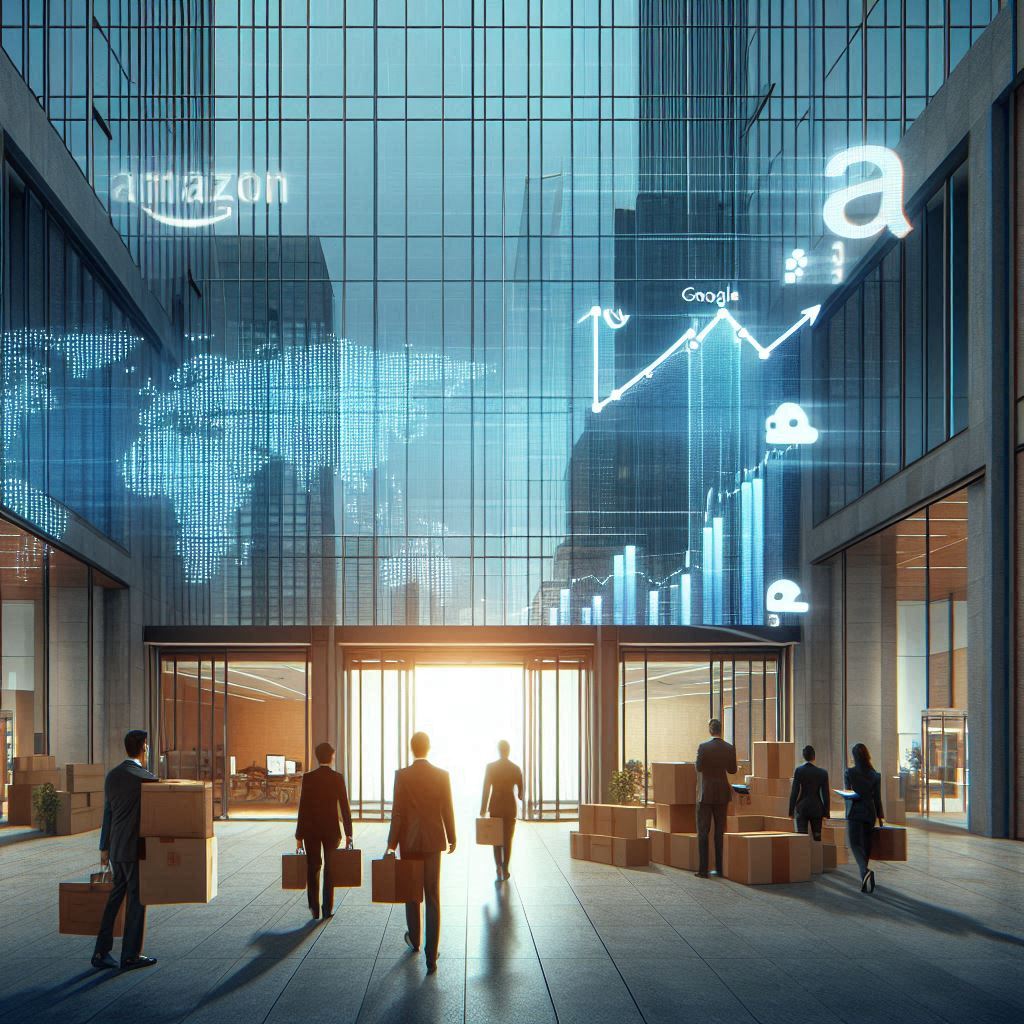 Empleados de empresas tecnológicas saliendo de una oficina moderna con cajas en la mano, simbolizando los despidos tech explicados y el ajuste económico del sector tecnológico.