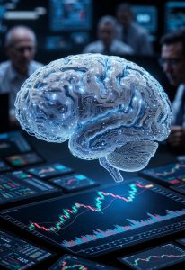 Illustration of AI Bubble Risks with a glowing artificial intelligence brain above volatile stock charts, representing concerns about an AI-driven market bubble.