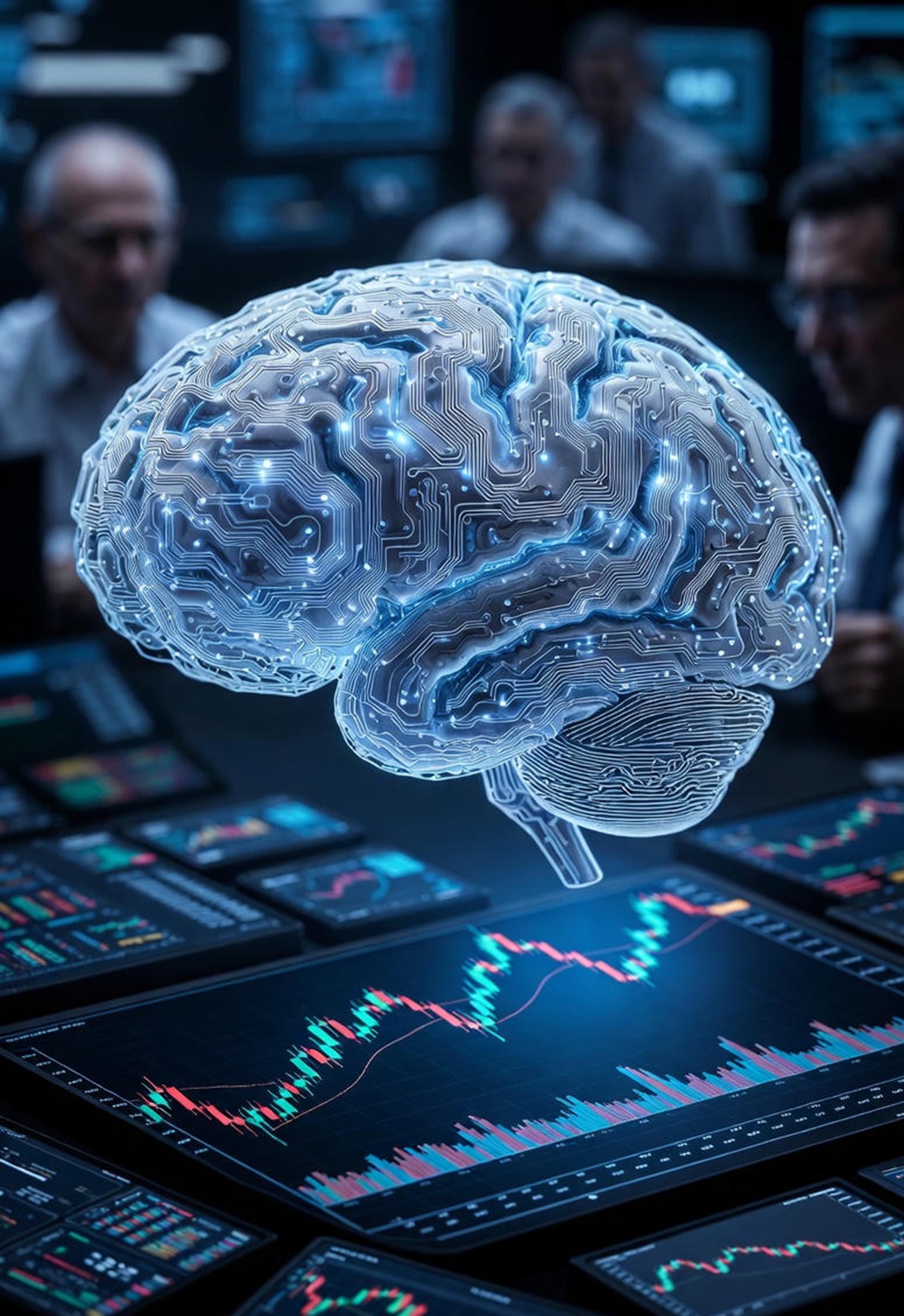Illustration of AI Bubble Risks with a glowing artificial intelligence brain above volatile stock charts, representing concerns about an AI-driven market bubble.