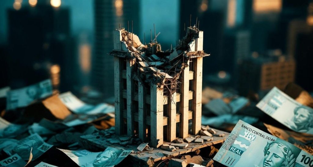 Ilustración financiera que representa el derrumbe banquero Vorcaro en Brasil.