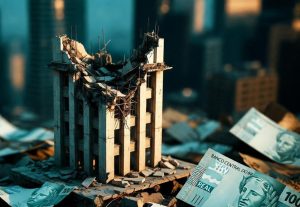 Ilustración financiera que representa el derrumbe banquero Vorcaro en Brasil.