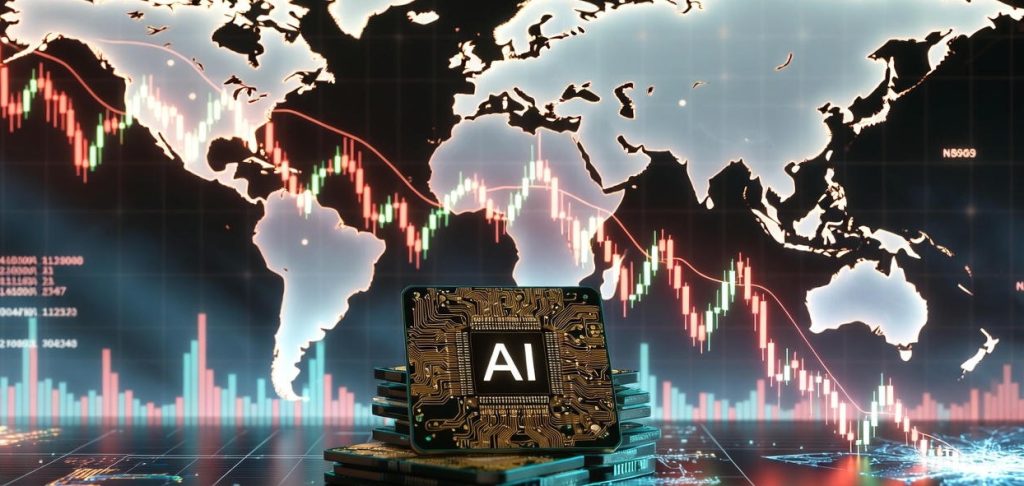 Ilustración editorial que representa la caída de Nvidia tras el anuncio de nuevos chips de IA desarrollados por Google.