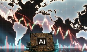 Ilustración editorial que representa la caída de Nvidia tras el anuncio de nuevos chips de IA desarrollados por Google.