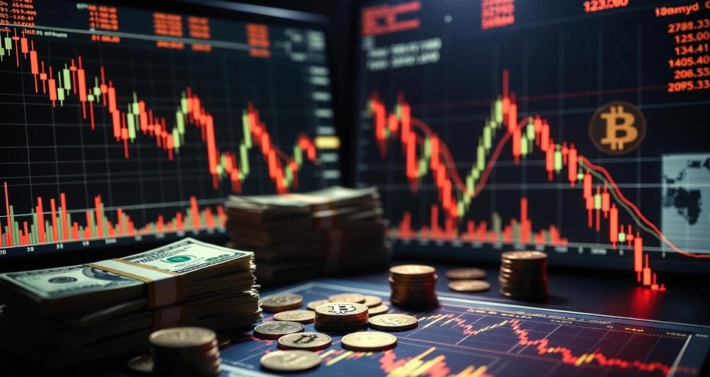 Ilustración editorial que representa la caída simultánea de Bitcoin y Ethereum por una venta masiva, con velas rojas, símbolos de criptomonedas y ambiente financiero global.