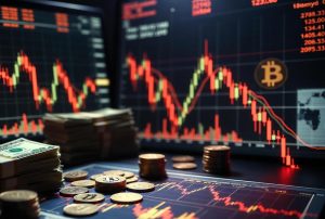 Ilustración editorial que representa la caída simultánea de Bitcoin y Ethereum por una venta masiva, con velas rojas, símbolos de criptomonedas y ambiente financiero global.