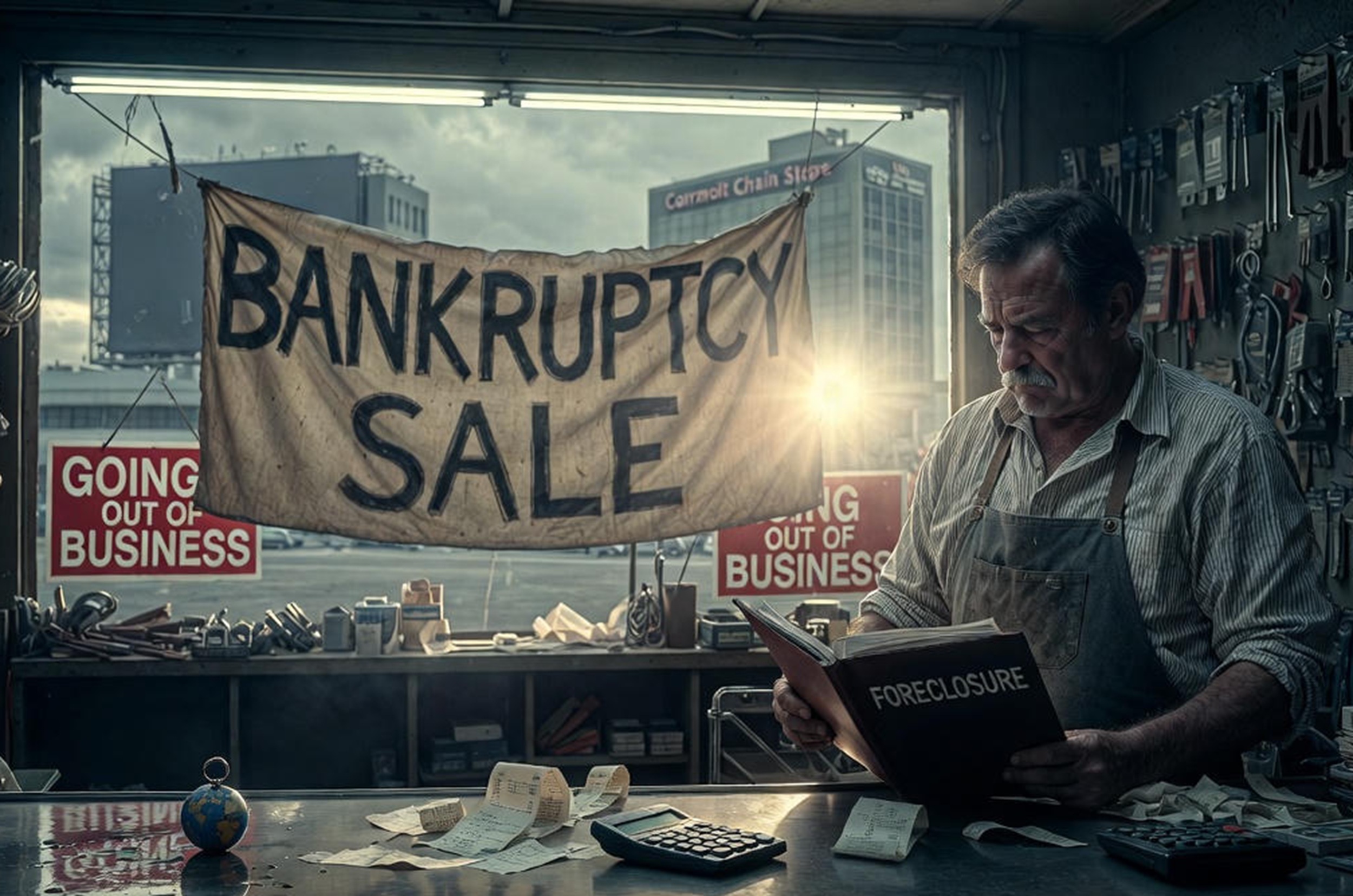 Ilustración editorial sobre quiebras pequeñas empresas en Estados Unidos, mostrando presión financiera, caída de pequeños negocios y un entorno económico desafiante con elementos de dinero y riesgo.