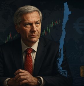 José Antonio Kast en Chile, con un mapa del país en color azul y elementos económicos que representan el nuevo escenario político y financiero.