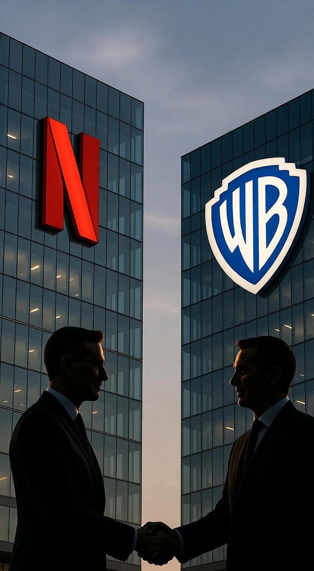 Imagen editorial que representa la adquisición en la que Netflix compra Warner Bros, con edificios corporativos y logos de ambas compañías"