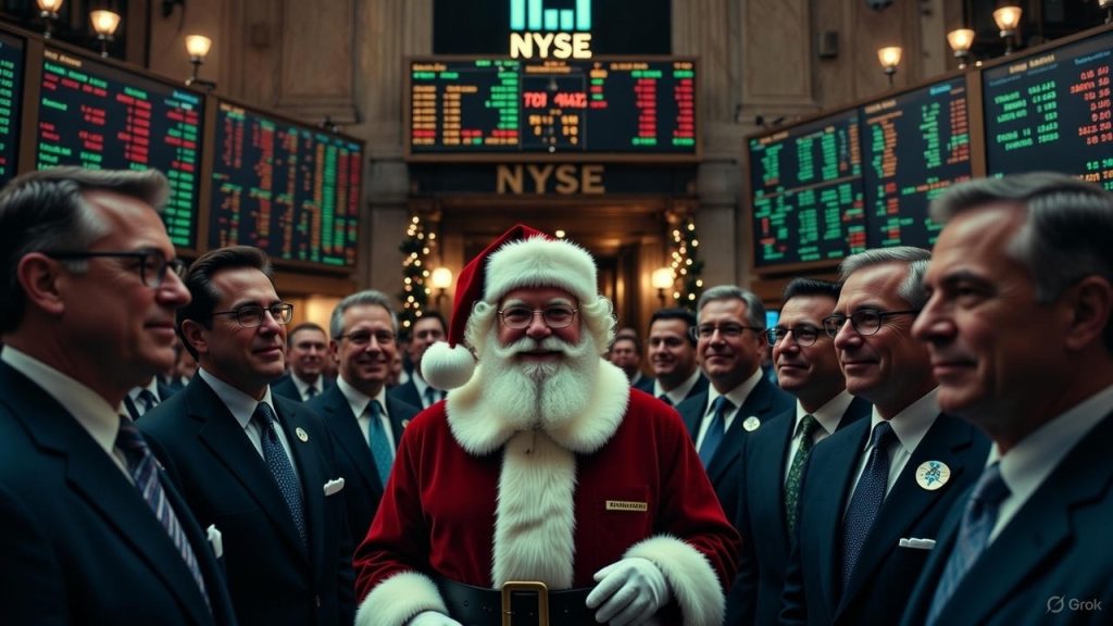 Operadores del NYSE observan de forma simbólica la llegada de Santa Claus al mercado, representando el posible Santa Rally y la influencia de la Reserva Federal en los mercados financieros.