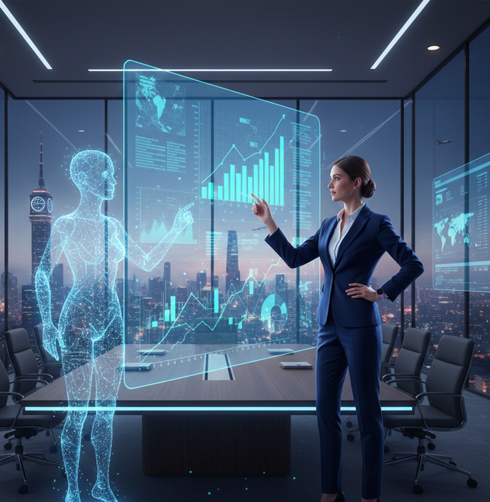 Ejecutivo analizando datos financieros junto a una interfaz de inteligencia artificial en un entorno corporativo moderno