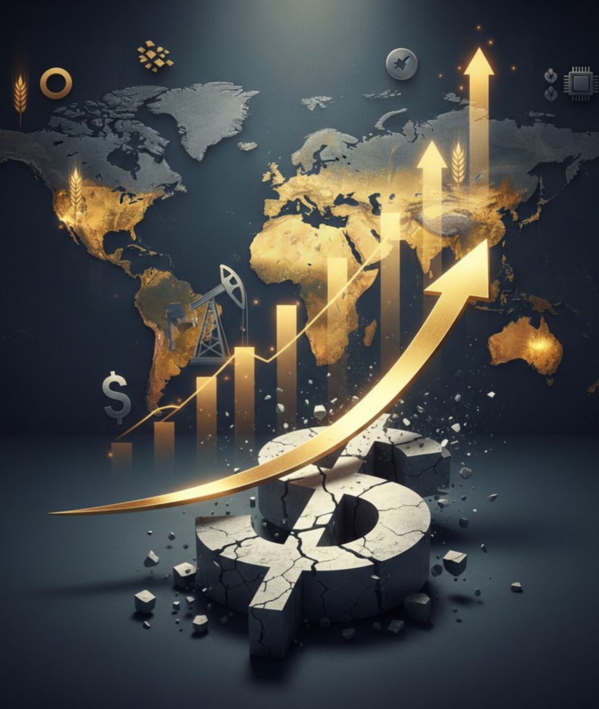 Ilustración editorial sobre mercados emergentes beneficiados por un dólar débil y su impacto en la economía global.