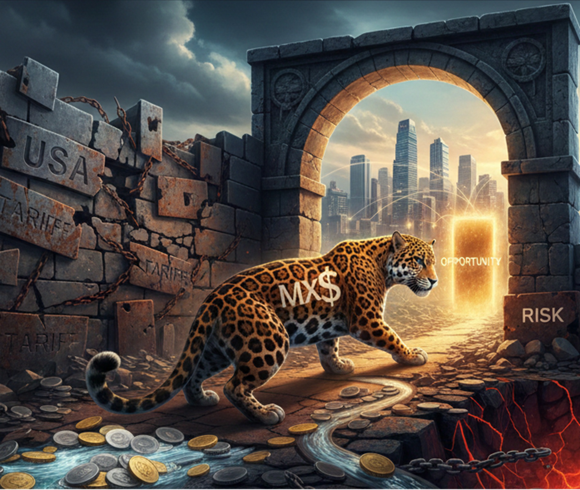 Ilustración editorial que muestra el impacto de los aranceles de Estados Unidos en la economía mexicana y los desafíos comerciales hacia 2026