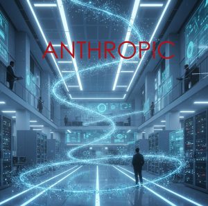 Anthropic y el futuro de la inteligencia artificial representado mediante redes neuronales y entorno tecnológico avanzado.