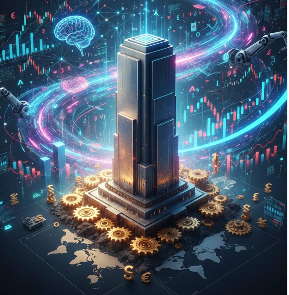 ilustración editorial financiera que representa una empresa tecnológica estable frente a la tendencia de la inteligencia artificial, con símbolos de economía global y análisis de inversión.