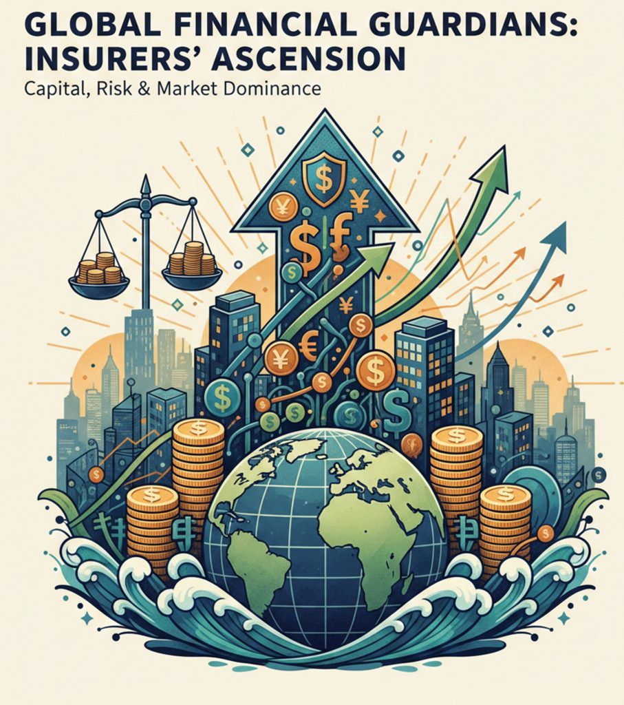 Ilustración financiera que muestra el rol creciente de las aseguradoras como participantes clave en los mercados financieros globales y la asignación internacional de capital.