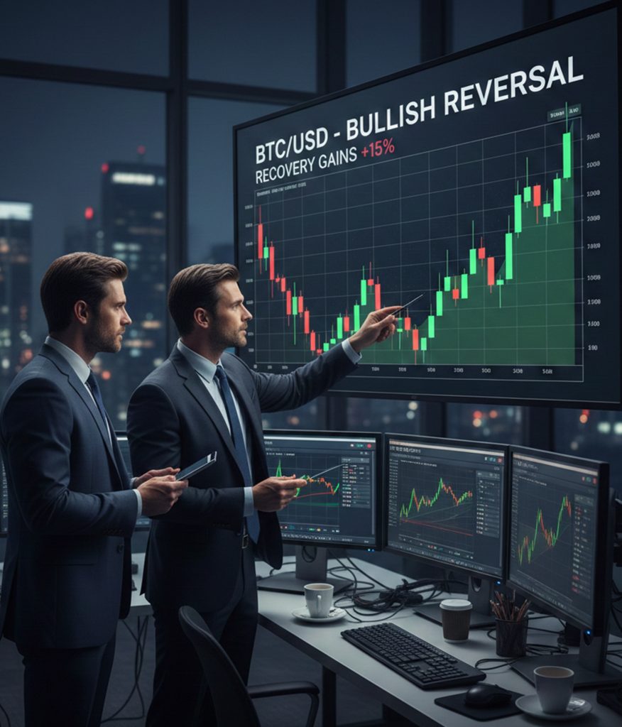 Bitcoin rebota tras mínimos mostrando recuperación técnica en gráficos financieros.