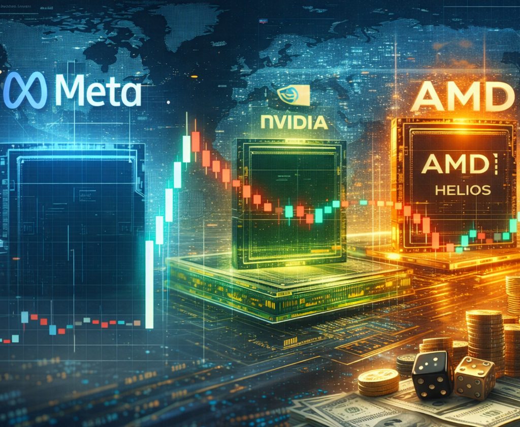 alianza estratégica de chips de inteligencia artificial entre Nvidia AMD y Meta en un entorno tecnológico futurista
