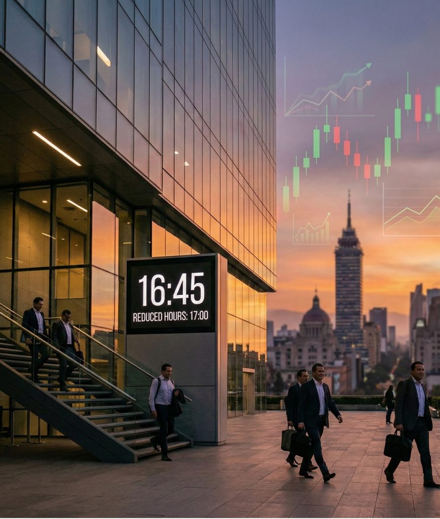 Ilustración editorial sobre la jornada laboral México con oficina moderna y gráficos financieros.