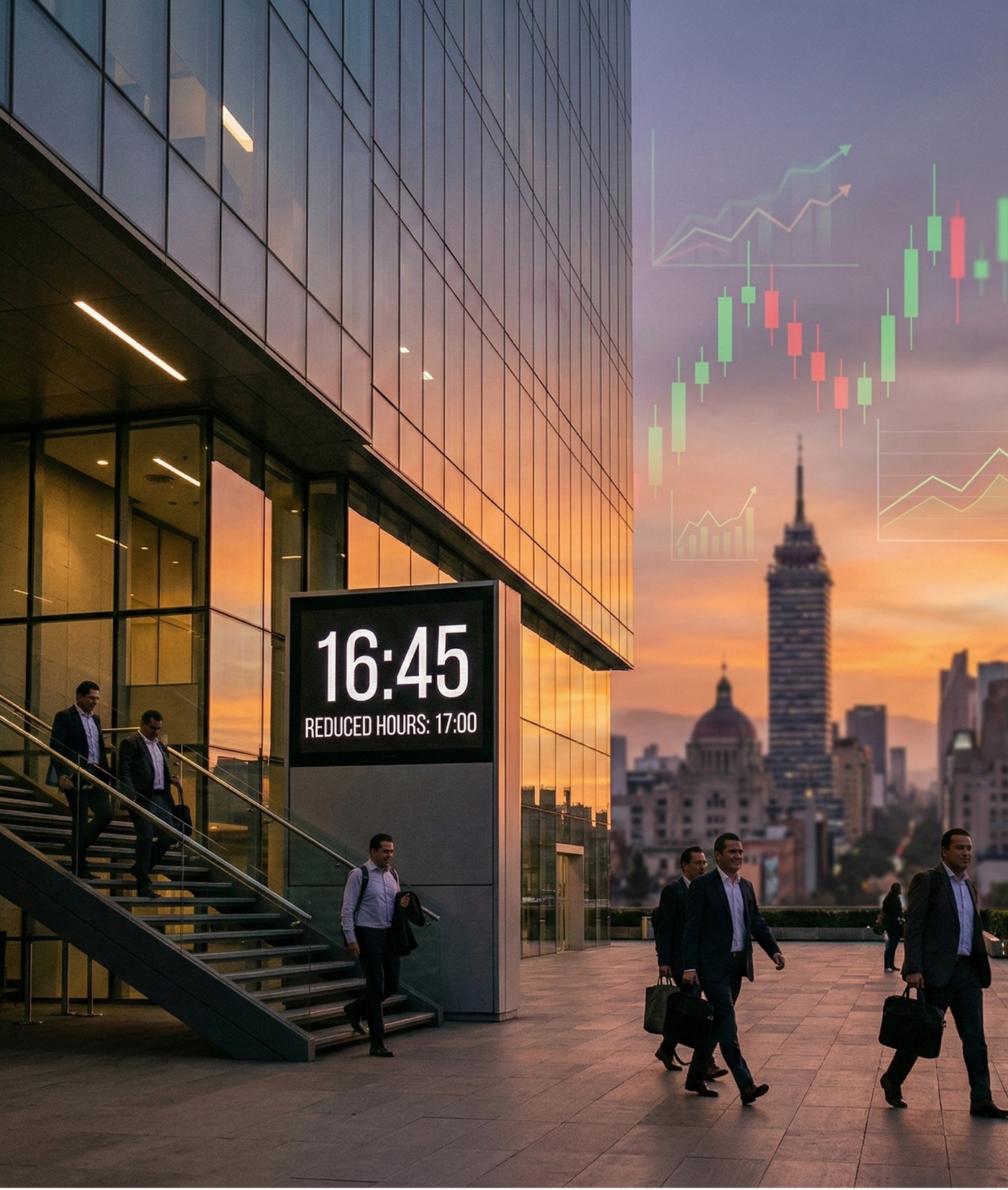 Ilustración editorial sobre la jornada laboral México con oficina moderna y gráficos financieros. File Name: