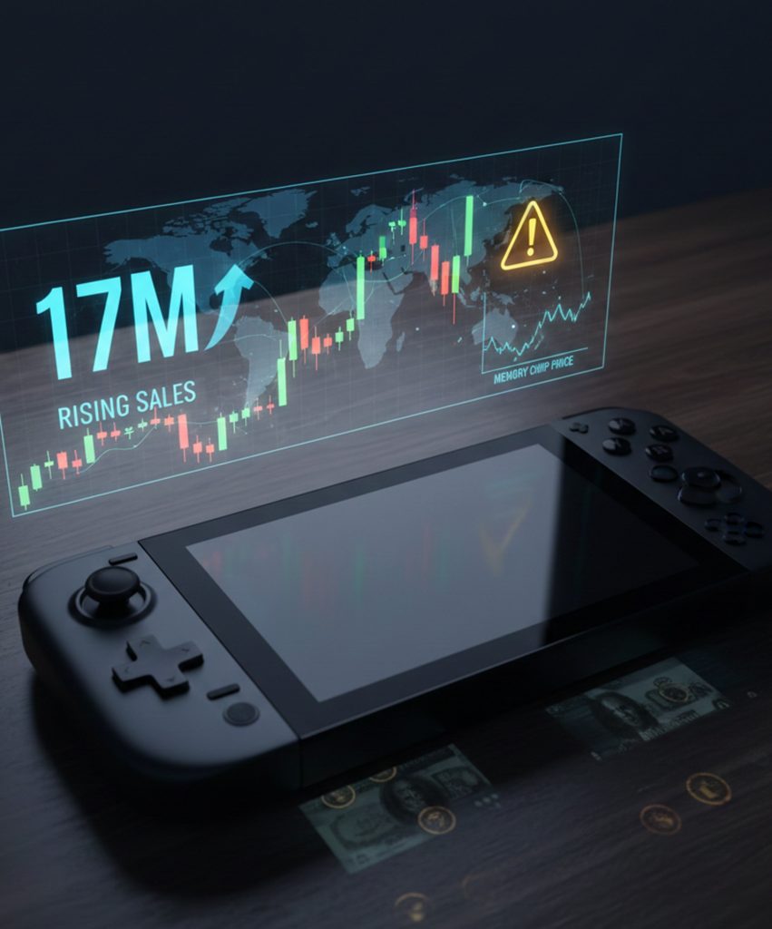 Ilustración editorial de una consola portátil de nueva generación con indicador de 17M en ventas, gráficos financieros y señales de riesgo para inversores.
