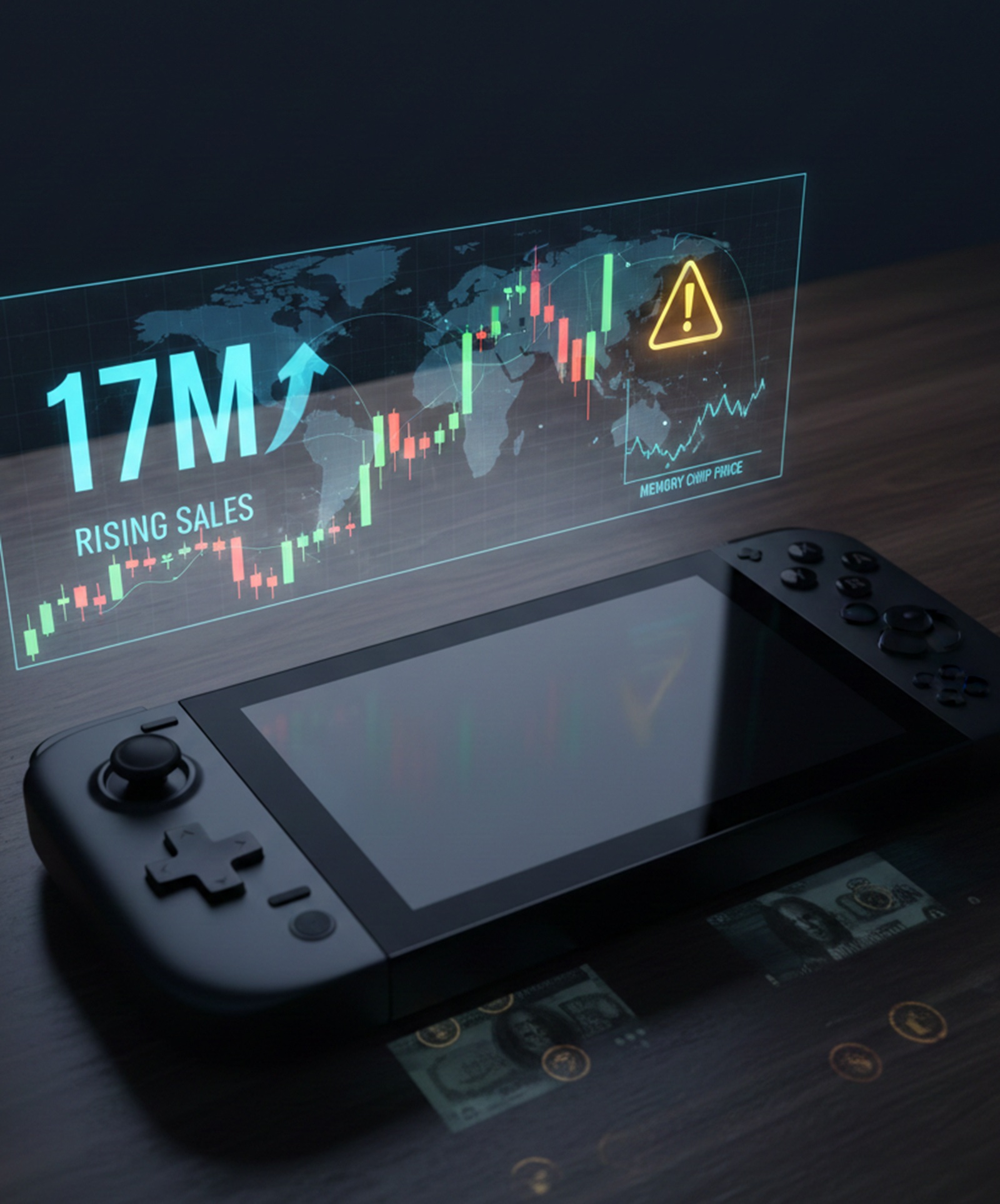 Ilustración editorial de una consola portátil de nueva generación con indicador de 17M en ventas, gráficos financieros y señales de riesgo para inversores.