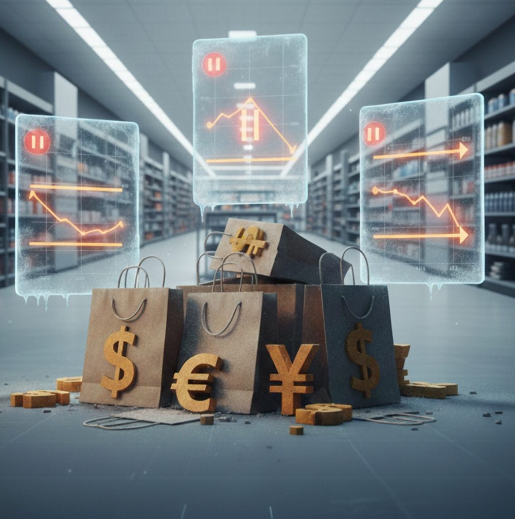 Ilustración editorial financiera que simboliza la desaceleración del consumo y el análisis económico de ventas minoristas en pausa en el contexto global.
