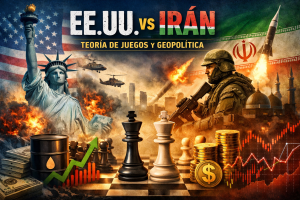 Ilustración geopolítica de EE.UU. vs Irán con piezas de ajedrez, barril de petróleo, gráficos financieros y símbolos militares representando el impacto estratégico del conflicto en los mercados globales.