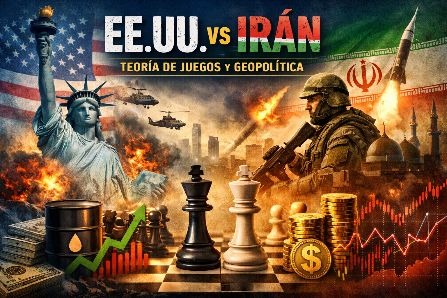Ilustración geopolítica de EE.UU. vs Irán con piezas de ajedrez, barril de petróleo, gráficos financieros y símbolos militares representando el impacto estratégico del conflicto en los mercados globales.