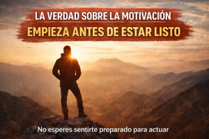 Persona de pie en la cima de una montaña al amanecer con mensaje motivacional sobre empezar antes de estar listo, representando disciplina, acción y crecimiento personal.