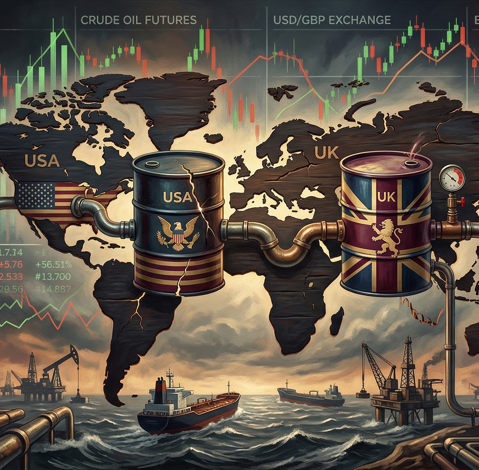 Amenaza petrolera de Trump al Reino Unido representada con barriles de petróleo y tensión geopolítica global