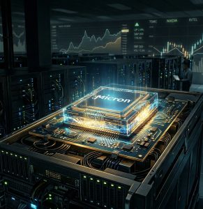 Micron acciones análisis con chip de memoria en centro de datos reflejando el crecimiento impulsado por inteligencia artificial